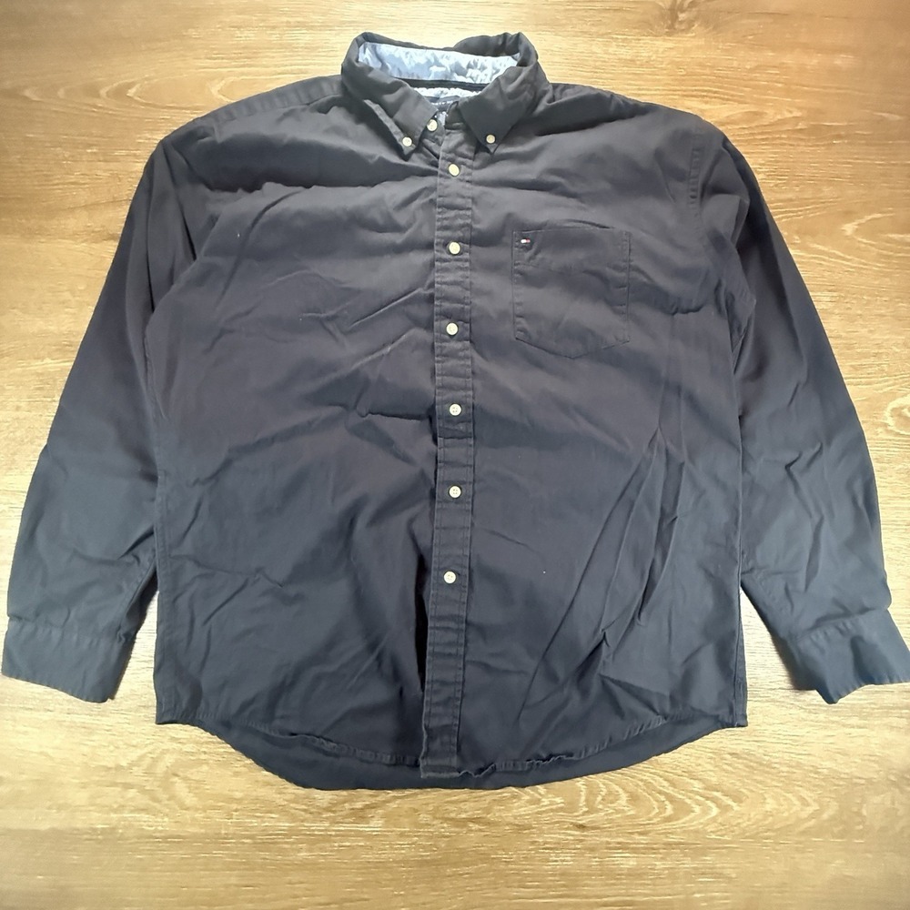 Tommy Hilfiger Shirt Men's XL Navy Button Front Long Sleeve Pocket Cotton Preppy